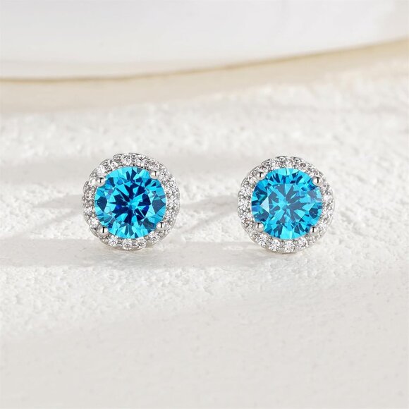Women's Round Light Blue Birthstone Elegant Mall Dainty Cubic Zirconia Earring - Picture 4 of 6